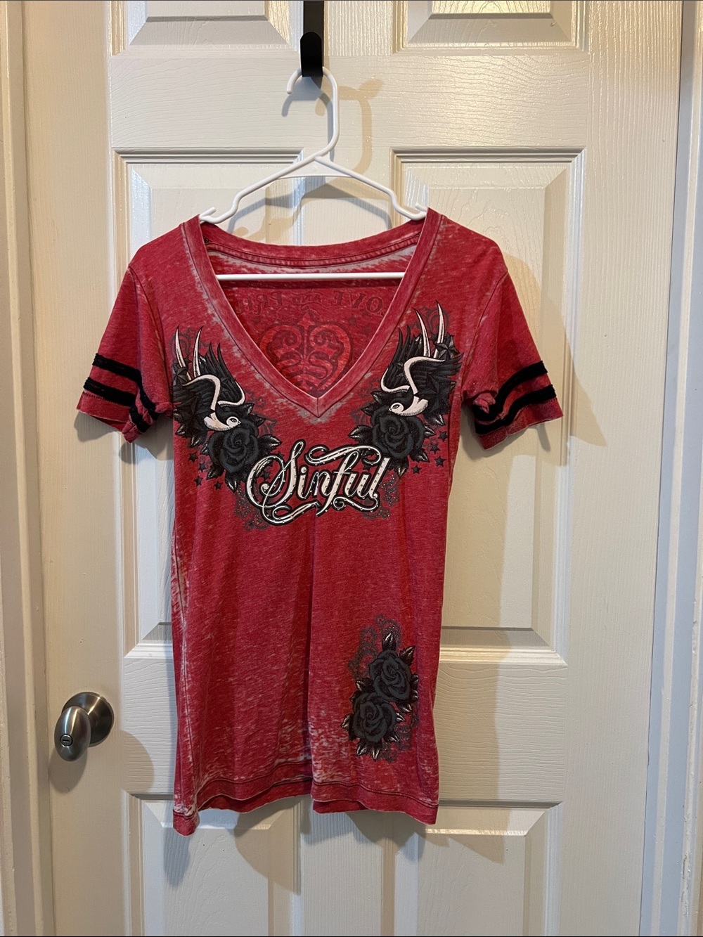 Sinful Women's Red V-Neck Graphic Tee with Black Accents